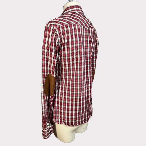 Maison Scotch (Sz 2) Plaid Snap Button Leather Elbow Patch Shirt - Picture 10 of 13